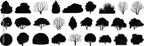 Black silhouettes of diverse trees and garden bushes set, deciduous and evergreen shrubs, nature landscape elements isolated on white background.