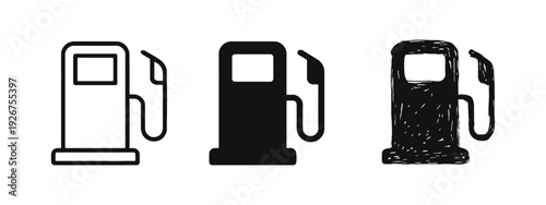 Gas Station Fuel Pump Icons Set in Outline, Solid, and Hand-Drawn Styles