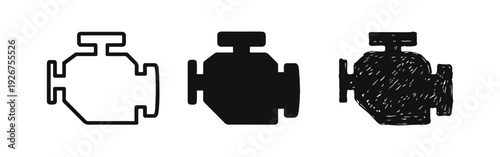 Car Engine Icons Set in Outline, Solid, and Hand-Drawn Styles for Automotive Design