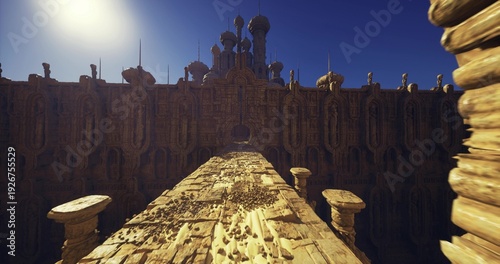 Canvastavla sunward fortress skyline dominated by towers and crenellated ramparts, bright gl