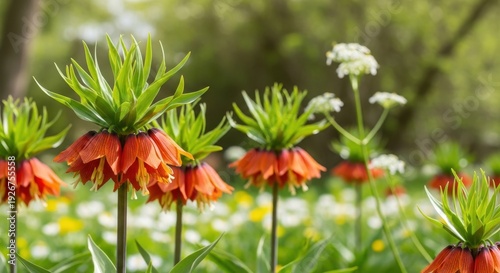 Crown Imperial Fritillaria Flowers Blooming in Spring Garden.