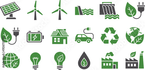 Green Renewable Energy and Sustainability Icons Set with Solar Panel, Wind Turbine and Recycling Symbols