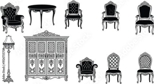 Vintage furniture illustration, ornate chairs, classical cabinet, decorative lamp, round table, antique design, interior decor, detailed black and white art