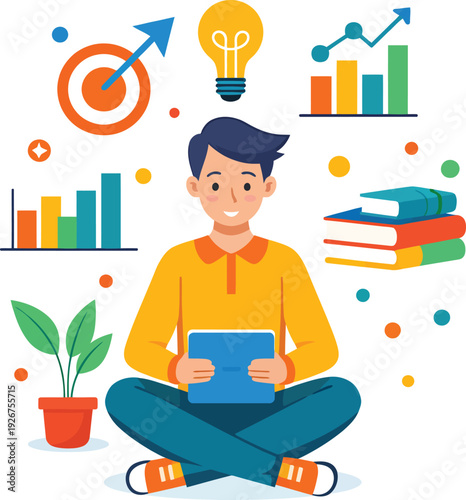 Focused Student with Productivity Icons, symbolizing learning, achievement, and success in education and business