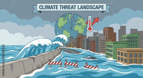 Cartoon illustration of a flooded city with huge waves crashing over a seawall, symbolizing the catastrophic effects of climate change and global warming with a cracked Earth
