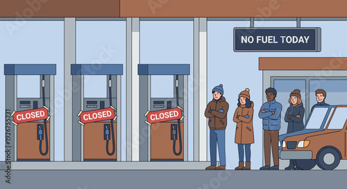Frustrated diverse people and a car queuing at a closed gas station with 'no fuel today' sign, illustrating an energy crisis and economic problem