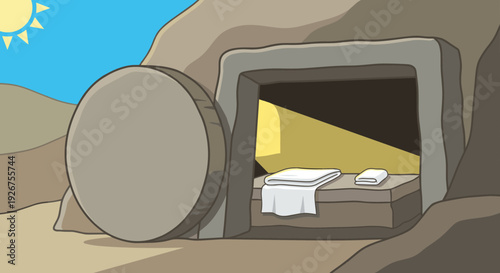 Cartoon illustration of an empty tomb with the large stone rolled away, revealing folded burial cloths illuminated by a divine light under a bright morning sun