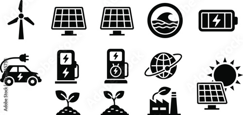 Renewable Energy and Green Power Black Icons Set with Solar Panels, Wind Turbine and Electric Car