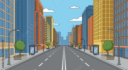 Cartoon city street with colorful skyscrapers and an empty road leading into the distance under a blue sky, a clean urban vector illustration with a central perspective