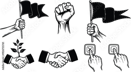 Black and White Vector Icon Set Representing Social Activism Protests Voting Solidarity Handshakes and Community Cooperation Symbols for Justice and Democracy