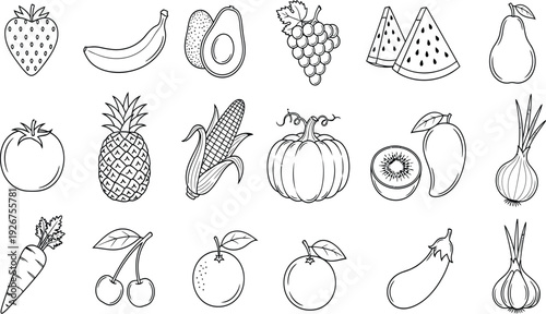 Black and White Outline Vector Set of Fresh Fruits and Vegetables Including Strawberry Pineapple Corn Pumpkin Carrot and Onion for Coloring