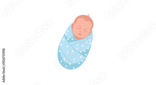 A sleeping newborn baby wrapped in a light blue swaddle blanket with white star patterns is centered on a white background in a soft illustration.