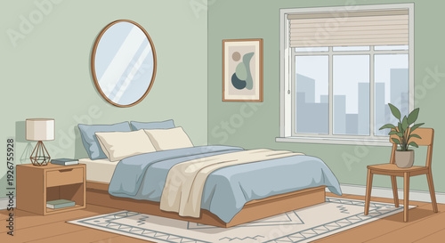 Cozy modern bedroom interior vector illustration with a comfortable bed, wooden furniture, and a large window overlooking the city in a calm, flat cartoon style