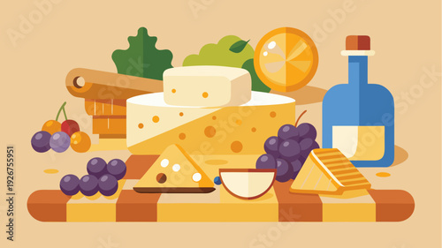Cheese and wine still life illustration with grapes citrus and honey on wooden board in flat vector style gourmet food concept
