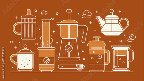 Coffee brewing equipment outline illustration with french press moka pot kettle and mugs in minimal line art style brown background