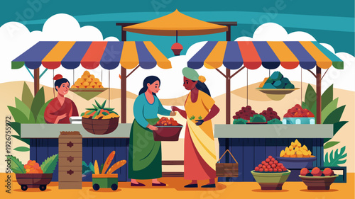 Outdoor market scene illustration with women selling fresh fruits and vegetables at colorful street stalls in flat vector style local food concept