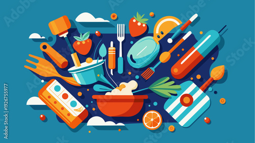 Kitchen cooking utensils and fresh food illustration with colorful flat design elements for recipe and culinary concept vector art