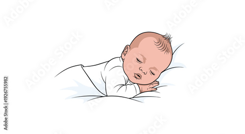 A sleeping baby lies on its stomach on a white pillow wearing a long-sleeved white onesie against a white background in a clean vector style.
