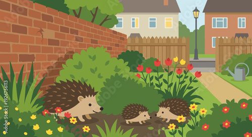 Cute cartoon hedgehog family with babies walking through a lush green suburban garden with colorful flowers, a brick wall, and a wooden fence under a clear blue sky