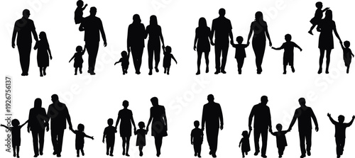 Black silhouettes of happy families set, parents walking with children, fathers and mothers holding hands with kids isolated on white.