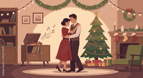 Vintage style couple dancing romantically together in a cozy, festive living room decorated for Christmas with a tree, fireplace, and a record player playing music