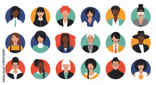 Diverse collection of female avatar icons showcasing various ethnicities, hairstyles, and fashion styles in a modern flat design.