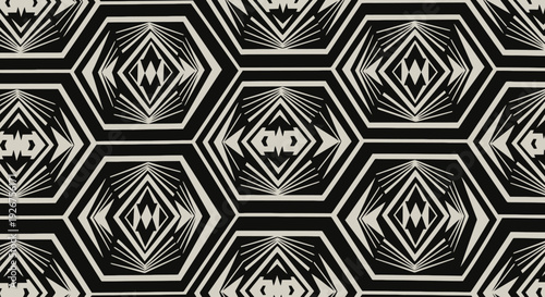 Seamless geometric pattern with repeating black and beige hexagonal motifs and intricate abstract designs.