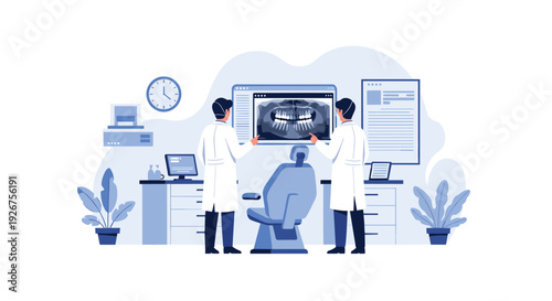 Two dentists in white coats analyze a panoramic dental X-ray on a screen in a surgery room with a blue dental chair and office equipment.