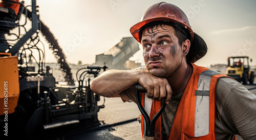 Construction worker resting with shovel in urban environment  