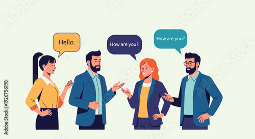 Cartoon illustration of a professional business team with speech bubbles featuring diverse businessmen and businesswomen collaborating in the office to achieve company success and teamwork