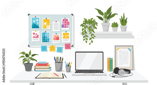 A white desk with an open laptop and various office supplies sits below a mood board and shelves with green potted plants in a home office.