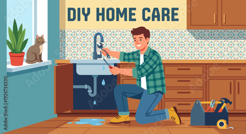 Handy man in a green plaid shirt fixing a leaking kitchen sink pipe with a wrench in a cozy home kitchen with a cat on the windowsill, flat vector illustration