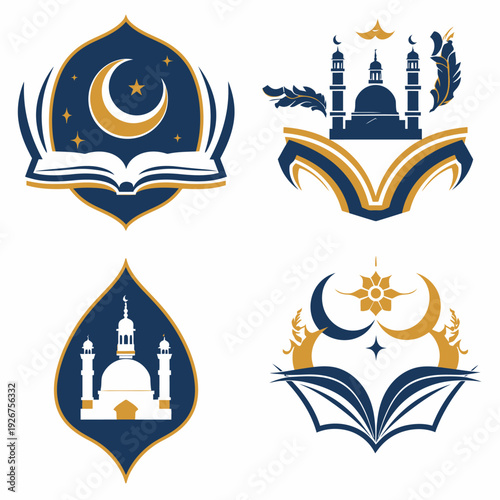 Islamic vector illustrations mosque crescent moon and book symbols design