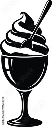 Black and white illustration of a dessert glass with whipped cream and spoon