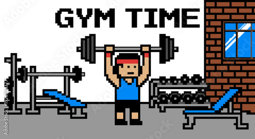 Pixelated person lifting a heavy barbell overhead in a retro 8-bit style gym, surrounded by fitness equipment and "GYM TIME" text