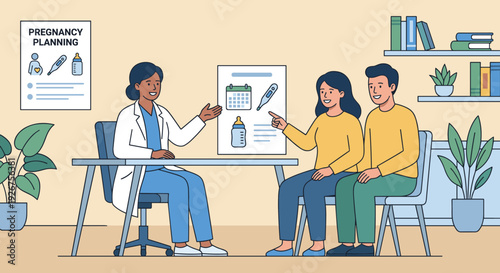 Female doctor consulting a young couple about pregnancy planning in a modern clinic office, a flat vector illustration showing medical advice and support for future parents