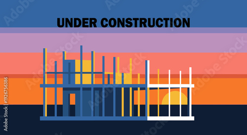 Minimalist building frame under construction illustration with bold text, showing an unfinished structure against a colorful striped sunset background
