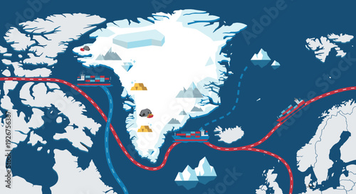 Flat design vector map showing Arctic shipping lanes with container ships navigating new sea passages, illustrating global trade, logistics, and access to polar natural resources