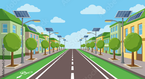 Eco-friendly city street with solar panels on streetlights and rooftops, a green bicycle lane, and modern buildings under a blue sky, representing sustainable urban living