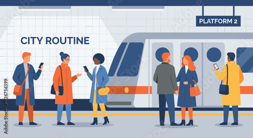 Diverse group of people using smartphones while waiting for the subway train on an underground station platform, a flat vector illustration of a daily city commute