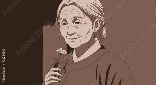 An illustrated portrait of a serene elderly woman with grey hair, gently holding a white flower, rendered in a sepia tone.