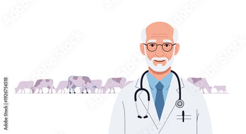 An elderly male veterinarian with a white beard and glasses wearing a lab coat and stethoscope stands against a background of grazing cows.