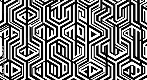 Abstract black and white geometric pattern with interlocking hexagonal and maze-like shapes creating an optical illusion effect.