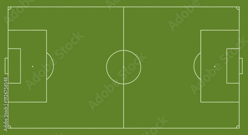 Overhead view of a green soccer football field with white line markings, including goal areas, penalty boxes, and center circle.