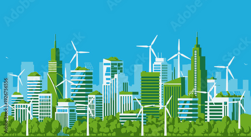 Green City Landscape with Modern Buildings, Trees, and Wind Turbines under Vibrant Blue Sky