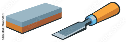Cartoon style sharpening tools set featuring a chisel and a sharpening stone for woodworking and maintenance