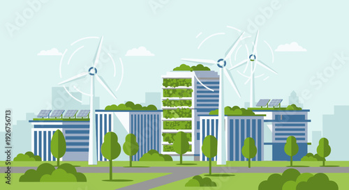 A modern, sustainable city skyline with green buildings, wind turbines, and solar panels, emphasizing eco-friendly urban development and renewable energy.