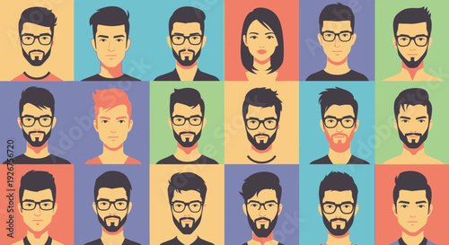 A grid of diverse minimalist flat design portraits featuring men with beards and glasses, and one woman.