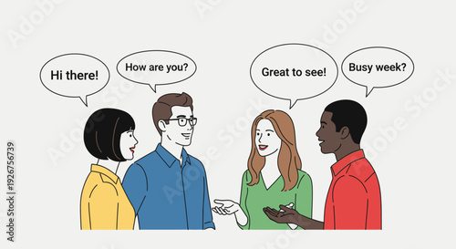 Diverse Group of Four People Engaging in Friendly Conversation with Speech Bubbles on Light Grey Background