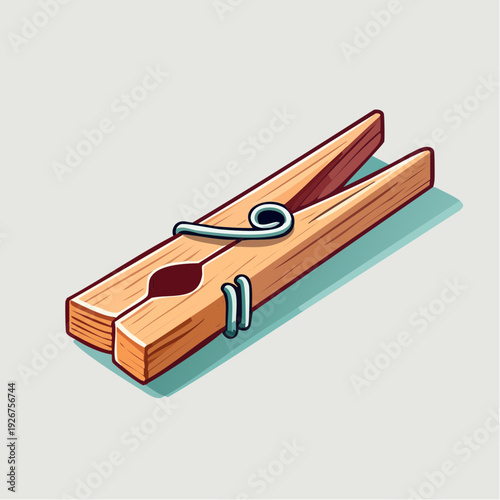 A wooden clothespin with a metal spring is illustrated on a plain background from a tilted viewpoint showing its functional design
